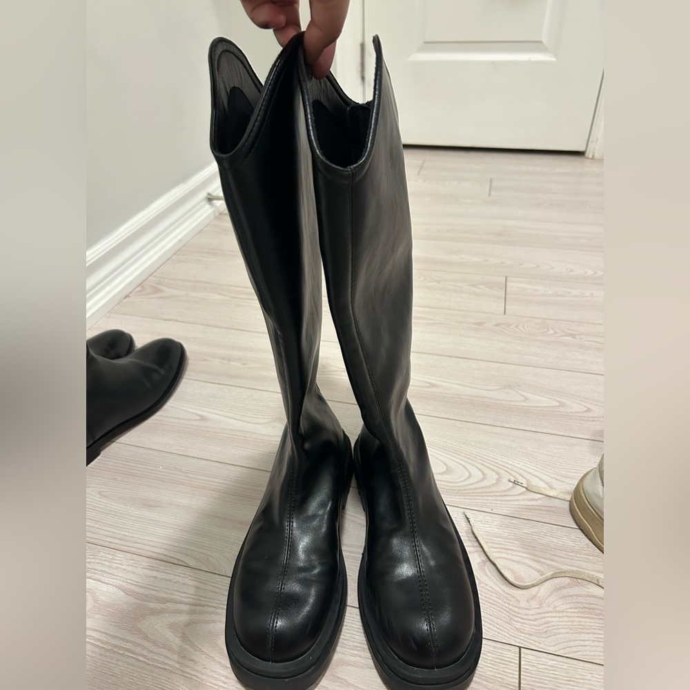 Black Tall Leather Boots | Chunky Sole | Size 38